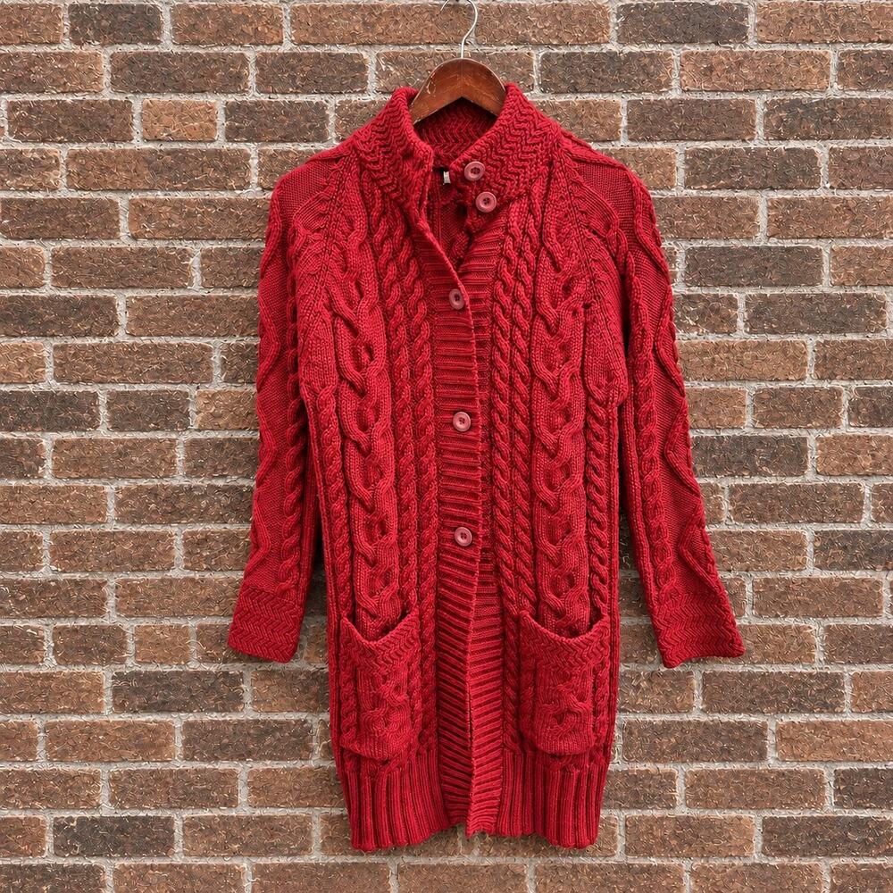 Woolovers 100% Wool Cable Knit Long Cardigan Coat Chunky Fisherman S